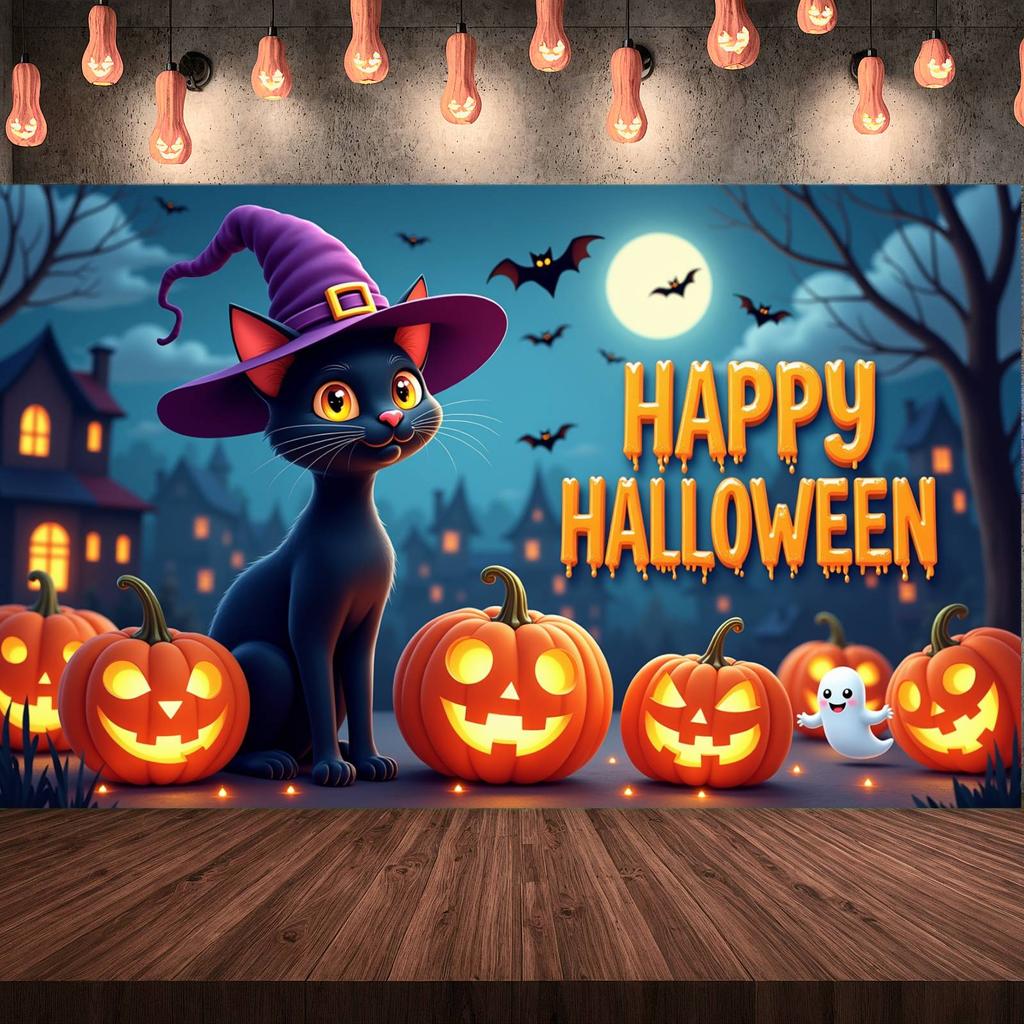 Party Banner Night Scene Witch Hat Banner Halloween Banner Black Pumpkin Decoration For Halloween Party Festival Event Spooky
