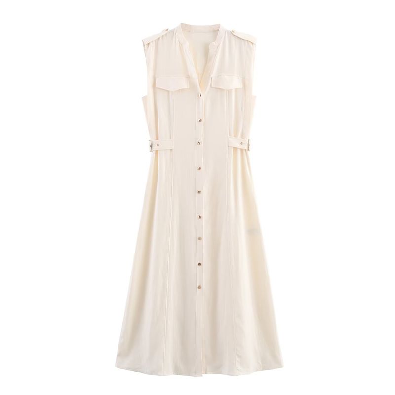 

Kaslead New Women clothes Western Style Fashion Simple Linen Midi Dress 8741065 Beige L