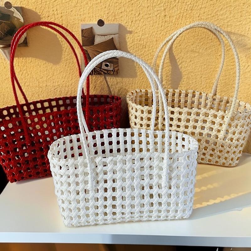 Hand-Woven PVC Shoulder Bag: French-Style Basket for Beach or Market