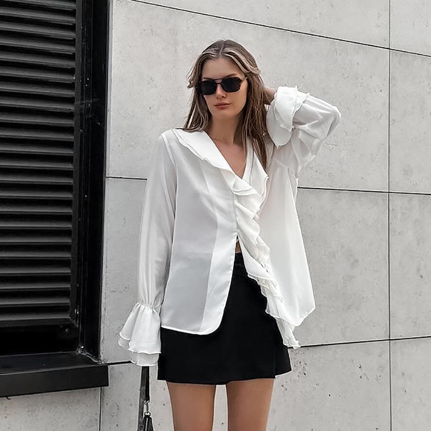 Commuter Temperament White Chiffon Ruffle Edge Horn Sleeve V-neck Lace-up Versatile Shirt Autumn Fashion Shirt Women