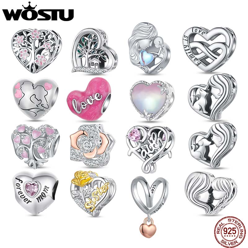 WOSTU 925 Silver Pink Love Heart Charms Bead Infinite Love Pendant Fit Bracelet Valentine Jewelry Mother's Day Gift
