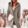Sweats à capuche unis pour femmes Bouton Manches longues Gilet mi-long Pull Ouvert devant Hauts Hiver Dames Décontracté Ample Bureau Vêtement d'extérieur Manteau