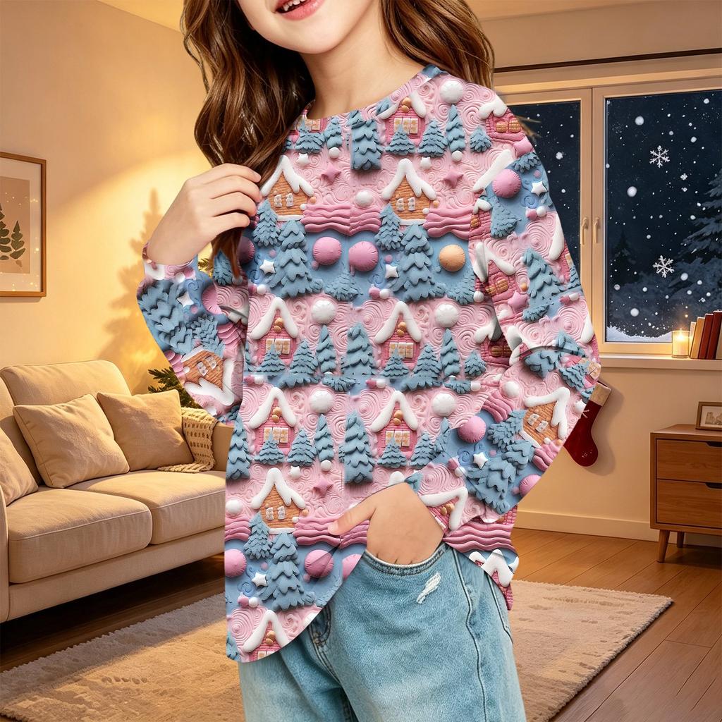Children's Christmas Print Long Sleeve Neck Shirt with Pocket for Boys and Girls