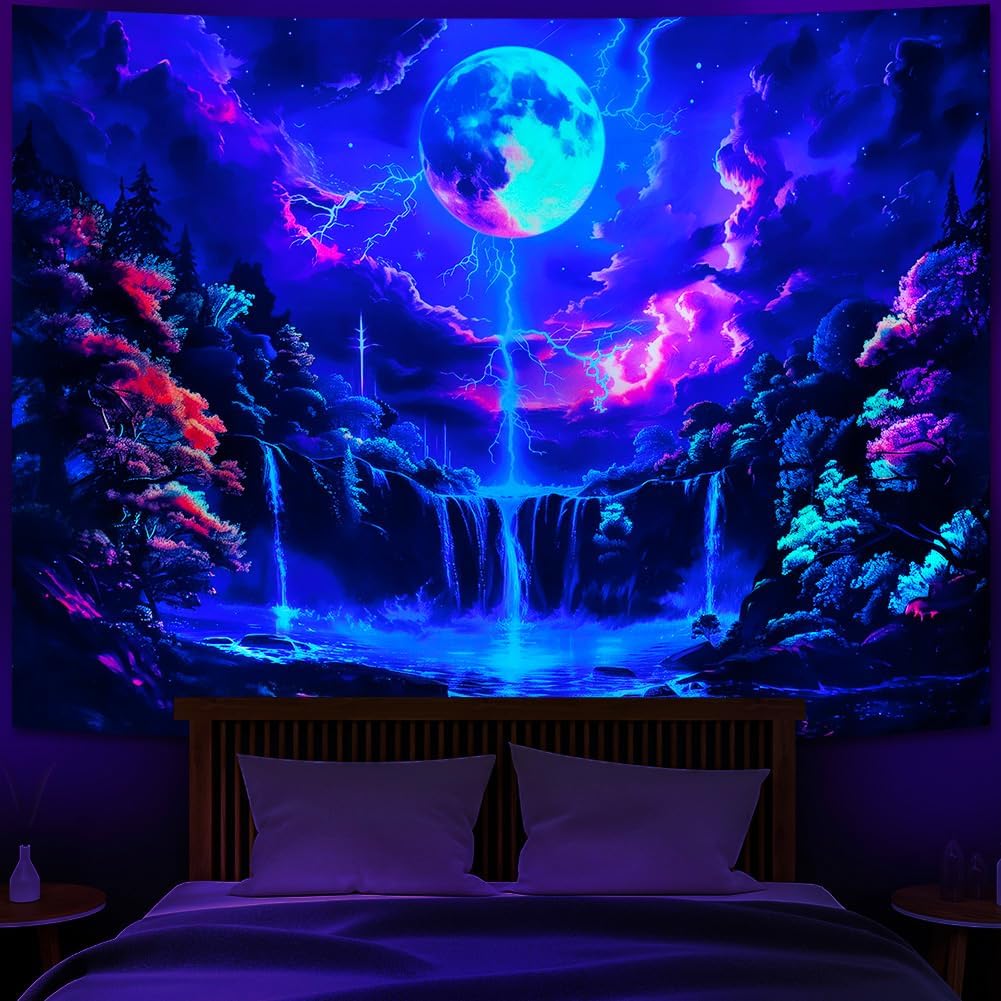 Heopapin Blacklight Tapestry Fantasy Moon Lightning Tapestries UV Reactive Tapestry Magic Waterfall Forest Landscape Tapestries Wall Hanging for