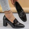 Modne Czarne Skórzane Czółenka na Obcasie Kobiety 2025 Retro Metalowa Dekoracja Wsuwane Czółenka Kobieta Kwadratowy Nosek Antypoślizgowe Buty na Wysokim Obcasie Damskie