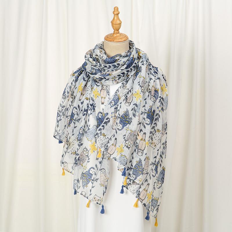 Spring New Cute Scarf Women Luxury Animal Design Tassels Long Shawl Soft Light Weight Viscose Hijab Owl Printed Floral Stoles