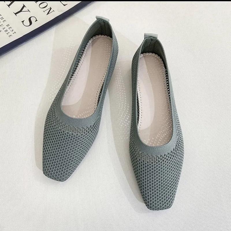 WTEMPO Soft Sole Single Shoes Women's Spring and Summer Square Toe Mesh Low Square Heel Solid Color Knitted Hollow Breathable Non-slip Woven Shoes