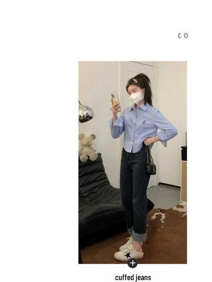 Korean Embroidered Striped Blue Shirt for Women - Spring/Autumn 2026 New Design
