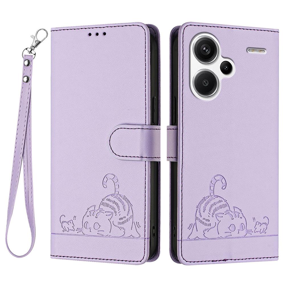 

For Xiaomi Redmi Note 13 Pro+ 5G Case with Strap RFID Blocking Leather Wallet Phone Cover Cat Mouse Pattern Purple