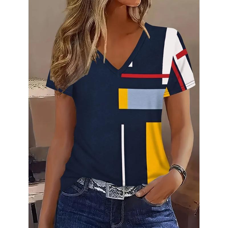 Summer Women's 3D Printed V-Neck T-Shirt Fashion Versatile Breathable Trend Casual