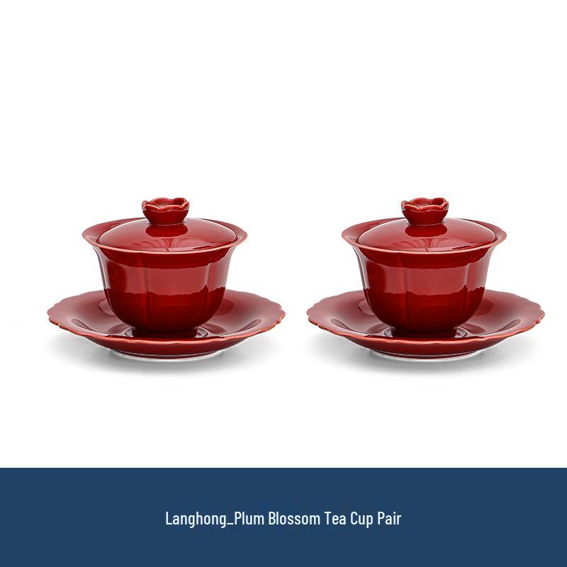 Vintage Red Tea Cups Pair with Modified Rim - Elegant Gift Box for Newcomers