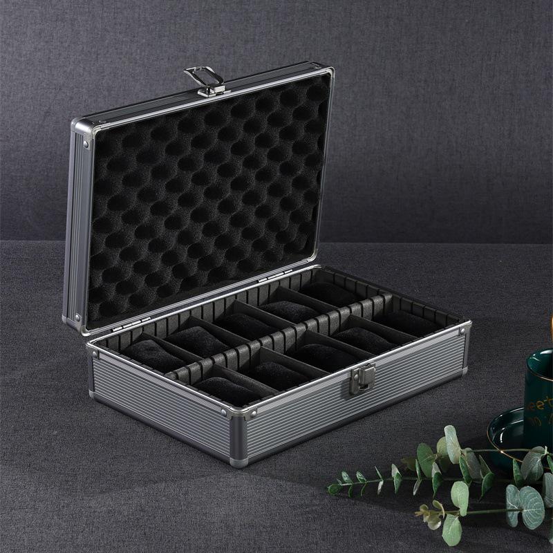 Boîte d'exposition multifonctionnelle pour montres et bijoux en alliage d'aluminium gris fumé avec couvercle transparent