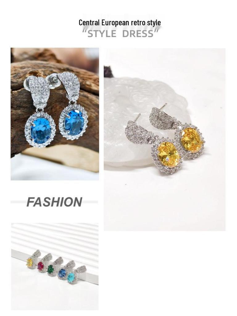 Gusen Jewelry Cross-Border Oval Earrings - European & American Style with Simple Color Gem Zirconia for Women