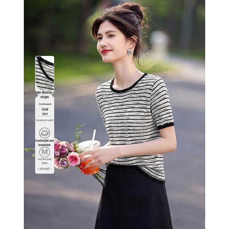 Elegant Striped Short Sleeve Knit Top One Size