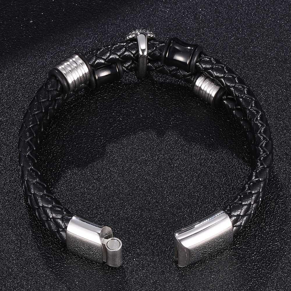 Fashion Men Bracelet Black Double Circle Leather Skeleton Stainless Steel Buckle Bracelet Man Skull Jewelry