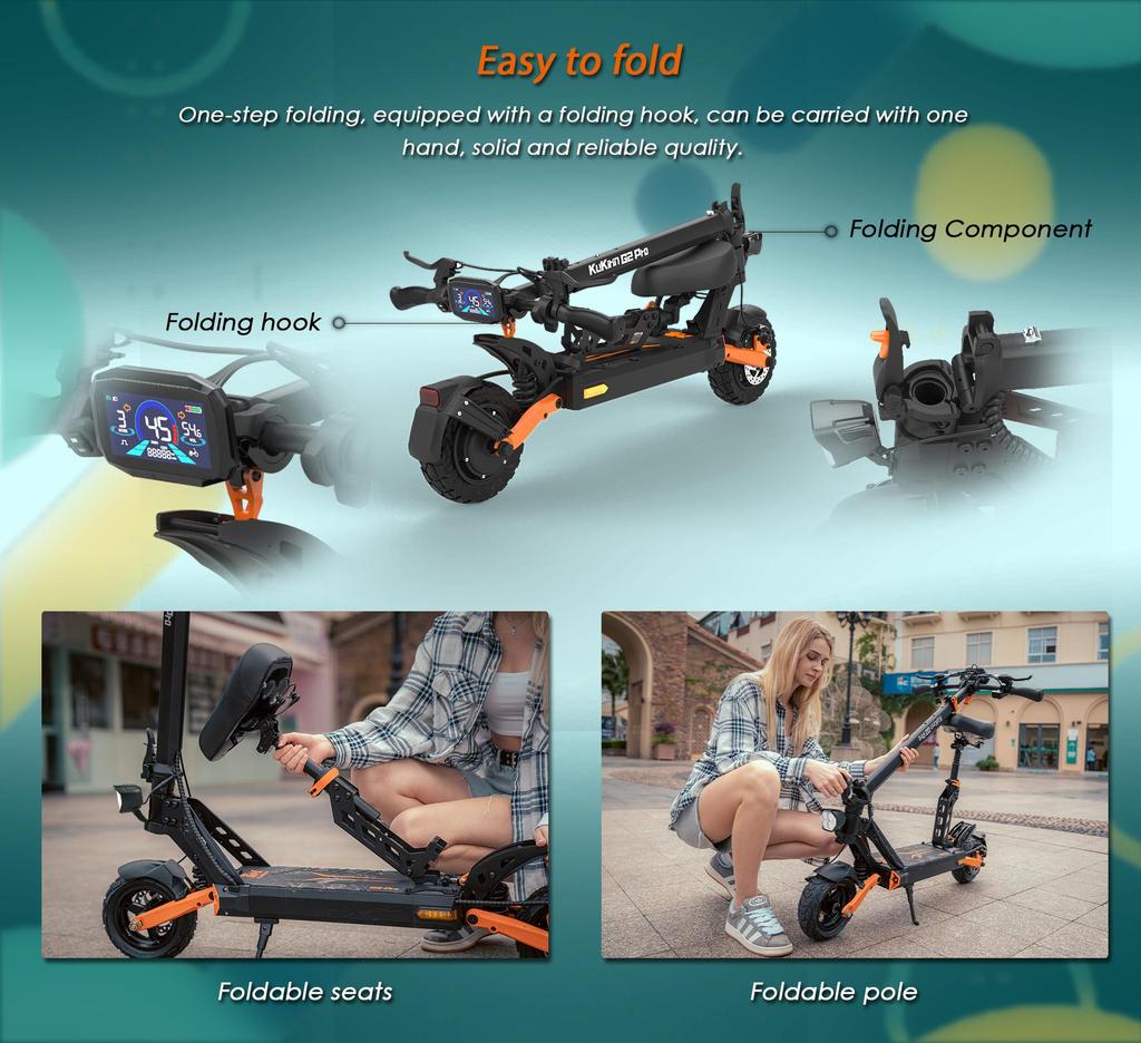 Składany skuter elektryczny KuKirin G2 Pro, silnik 600W, bateria 48V 15.6AH, prędkość maksymalna 45KM/H, zasięg 58KM, opony 9-calowe