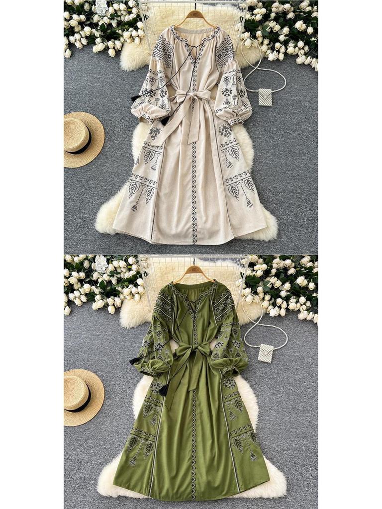 Bohemian Embroidered Lantern Sleeve Tie-Waist Dress for Women