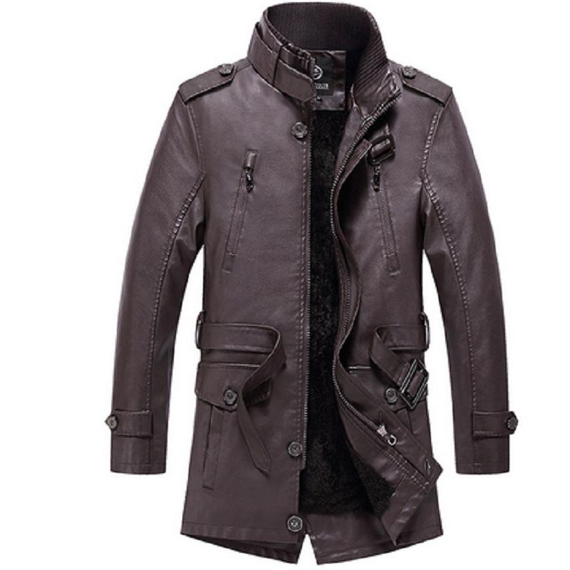 Autumn and winter men's new British medium and long leather jacket velvet men's clothing large size casual men's leather jacket