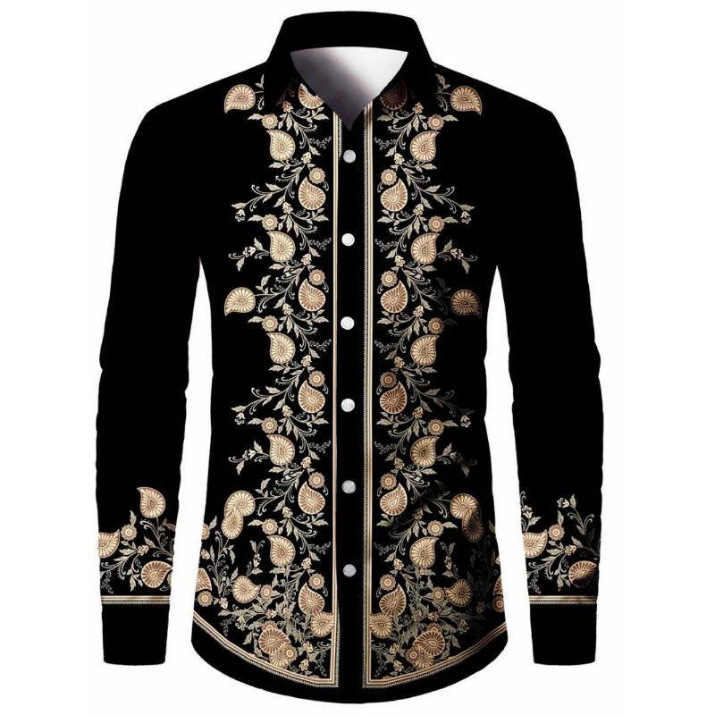 Men's Casual Long Sleeve Lapel Shirt Retro Ethnic Floral Print Fashion Loose Comfortable Long Sleeve Shirts for Man Simple Top