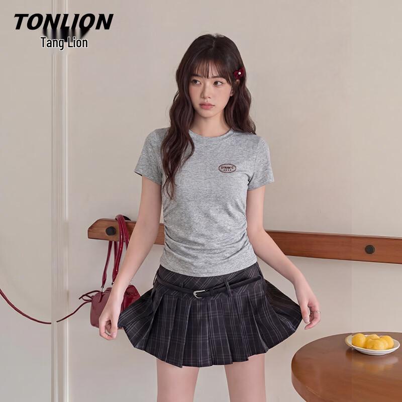 TonLion Women s Ruched Ribbed Slim Fit T-Shirt L