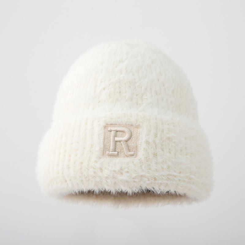 Korean New Winter Hat for Women's Big Head Wing Letter Wool Hat Imitation Mink Hair Autumn and Winter Warm Knit Hat Trend