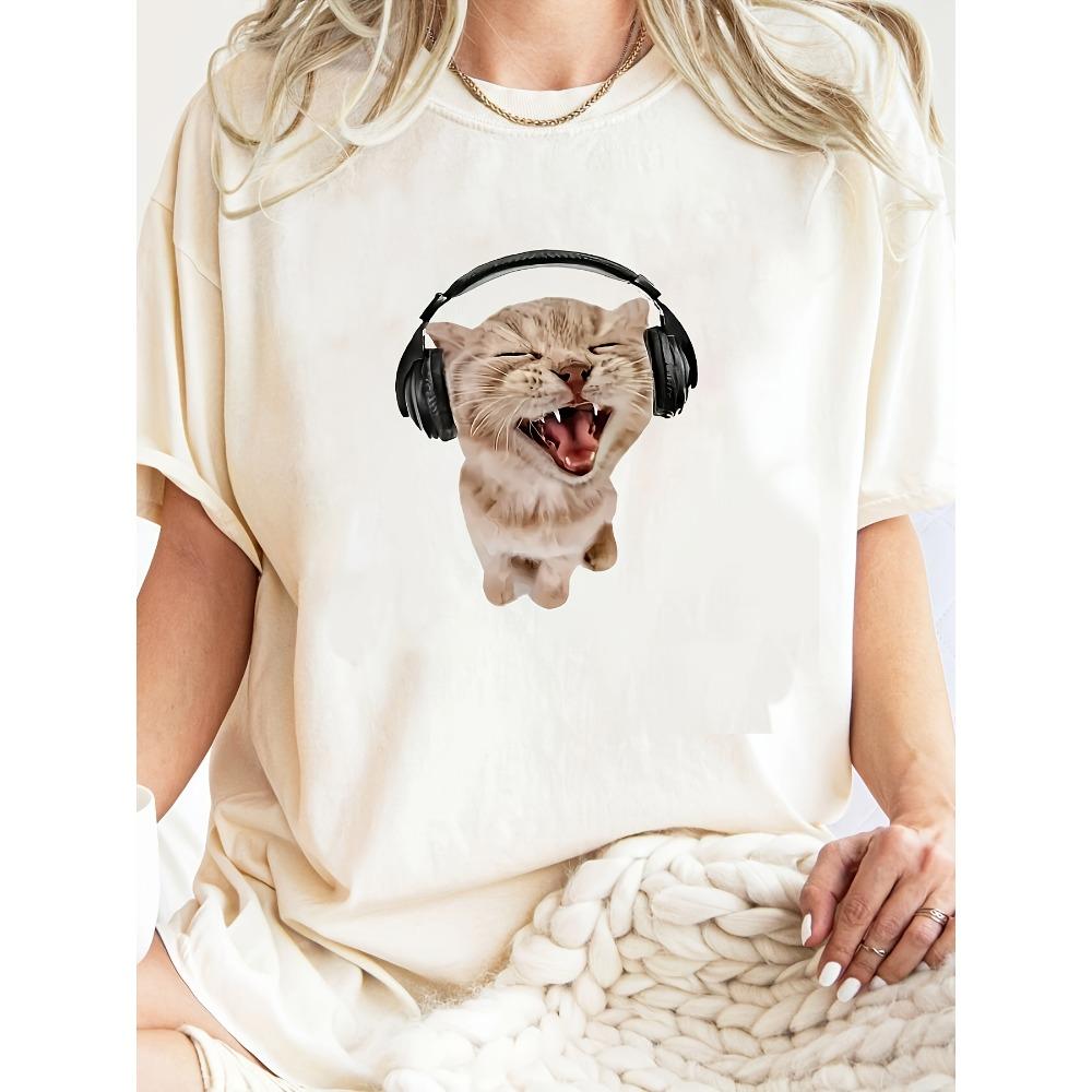 

Ladies Pattern Cat Earphones T Summer New Retro Street Unisexs and Womens Casual Fashion Tshirt S