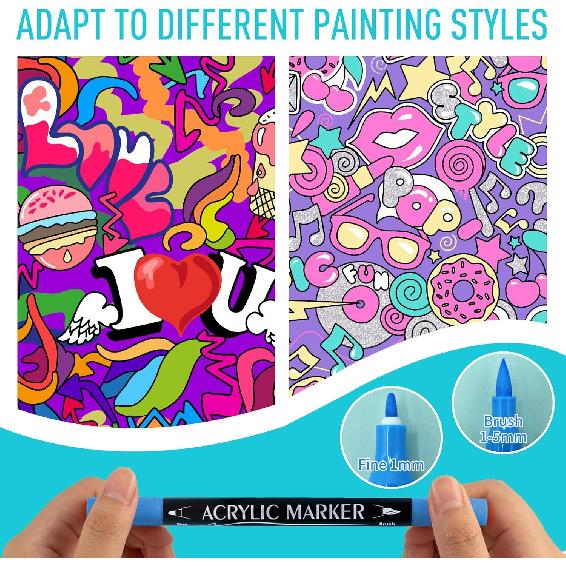 24 Colors Dual Tip Acrylic Paint Markers Pen Set with Brush Tip & Fine Tip Acrylic Marker Pens for Rock Wood Glass Fabric Canvas Paper Art Supplies