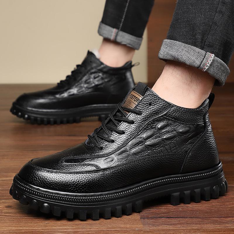 Winter cotton shoes men's new first-layer cowhide Northeast snow boots soft-soled casual thin belt high-top pure wool leather shoes