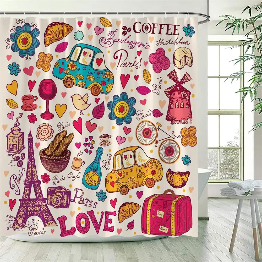 Cartoon Shower Curtain London Red Bus Flowers Cute Car Kids Bath Curtains Creative Pattern Polyester Fabric Home Bathroom Decor