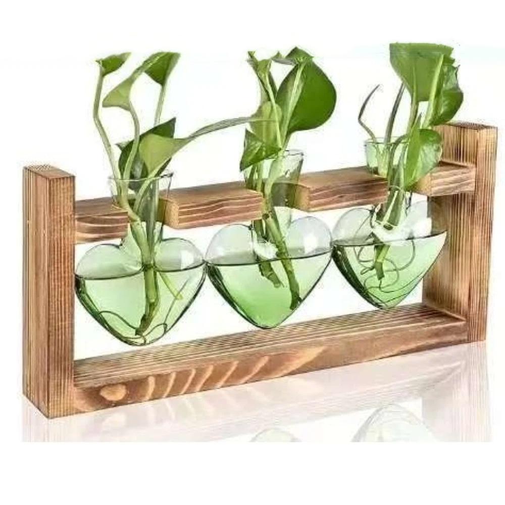 Minimalist Transparent Heart Shaped Glass Vase Wooden Stand Elegant Hydroponic Vase Colorful Flower Container Home Decoration