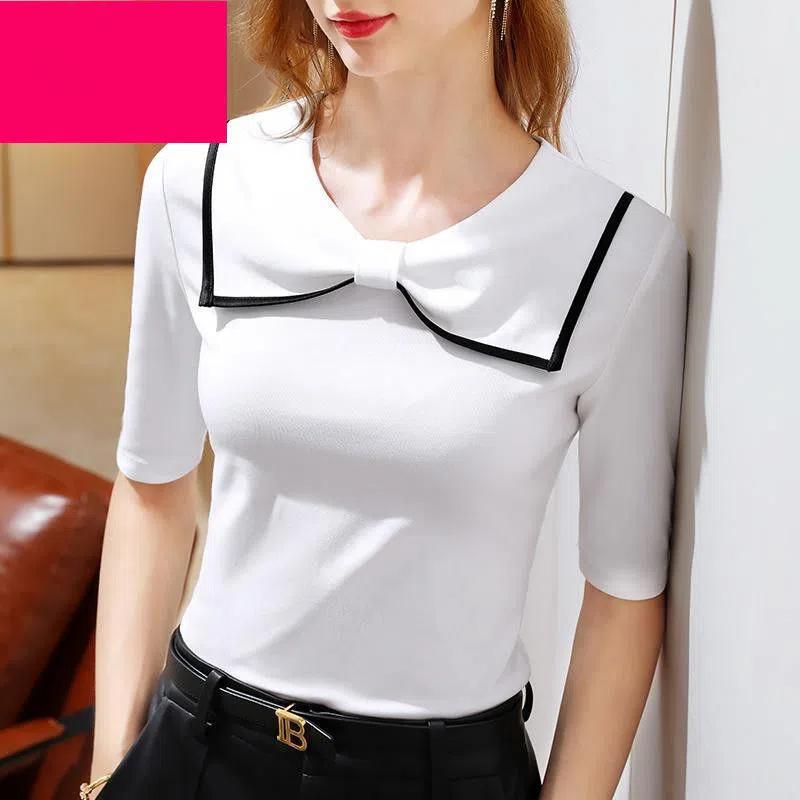Age-reducing Temperament Bow Mid-sleeved T-shirt for Women in Autumn Women's Black and White Inner Wear T-shirt Base Shirt Top