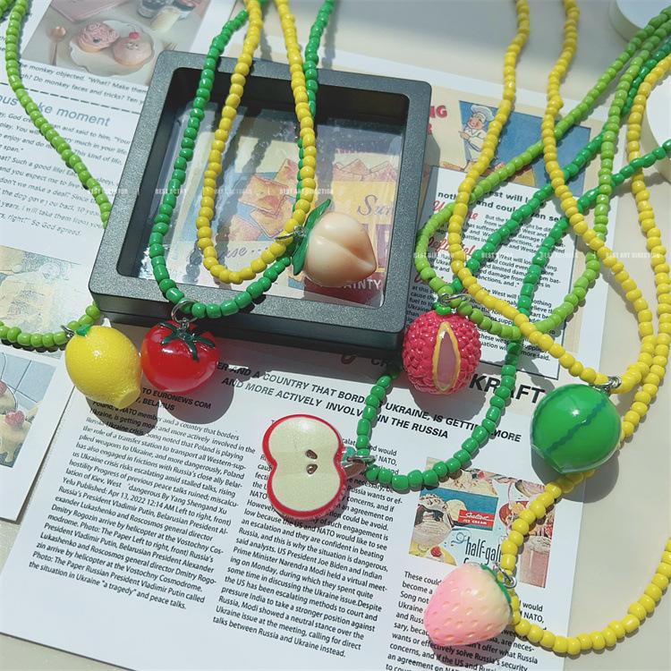 Trend Jewelry Dopamine Colored Apple Strawberry Lemon Fruits Pendant Bead Necklace for Women Y2K Cute Choker Party Necklace