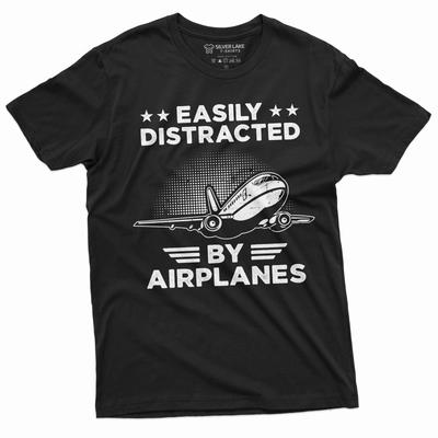 Funny Easily Distracted by Airplanes T-shirt Pilot Gift Aircrafts Engineer Tee