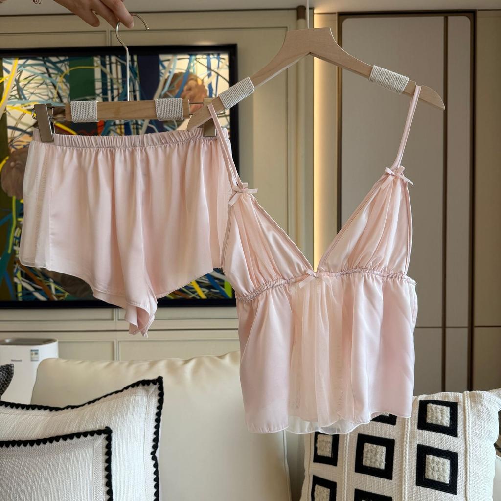 Summer lace V-neck sexy suspender shorts set with chest pad loungewear ice silk pajamas women's pure desire mesh yarn