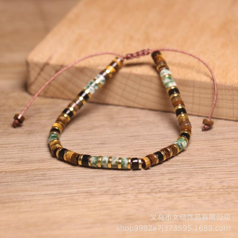 Tiger's Eye Tree Agate Heishi Bead Bracelet – Gold Accent Adjustable Boho Jewelry, Courage Calm Gift for Women