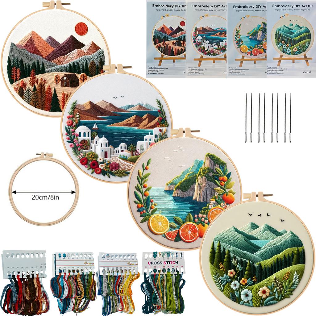 1set Spring/Summer Mountain and Sea Series Embroidery DIY Material Kit, including tools, suitable for beginners. Hand embroidery fabric materials.