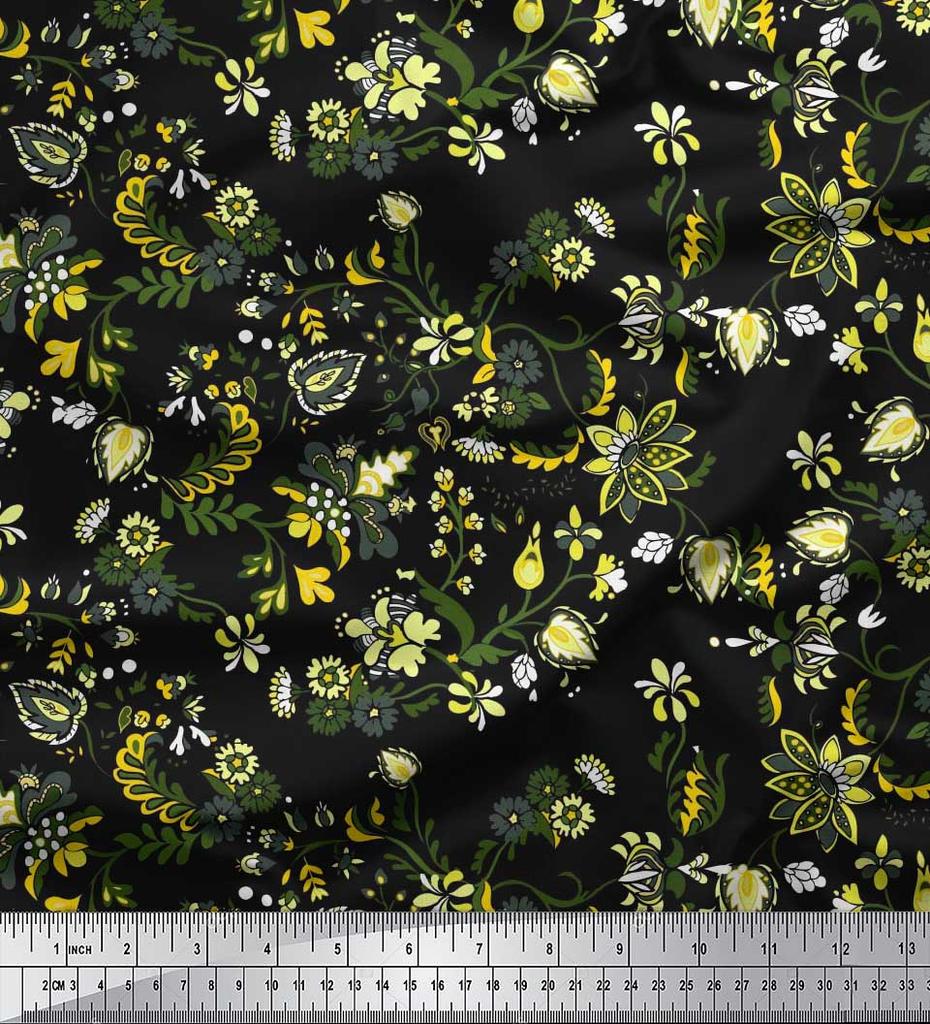 Soimoi Japan Crepe Satin Fabric Leaves & Floral Artistic Decor Fabric Printed Metre 42 Inch