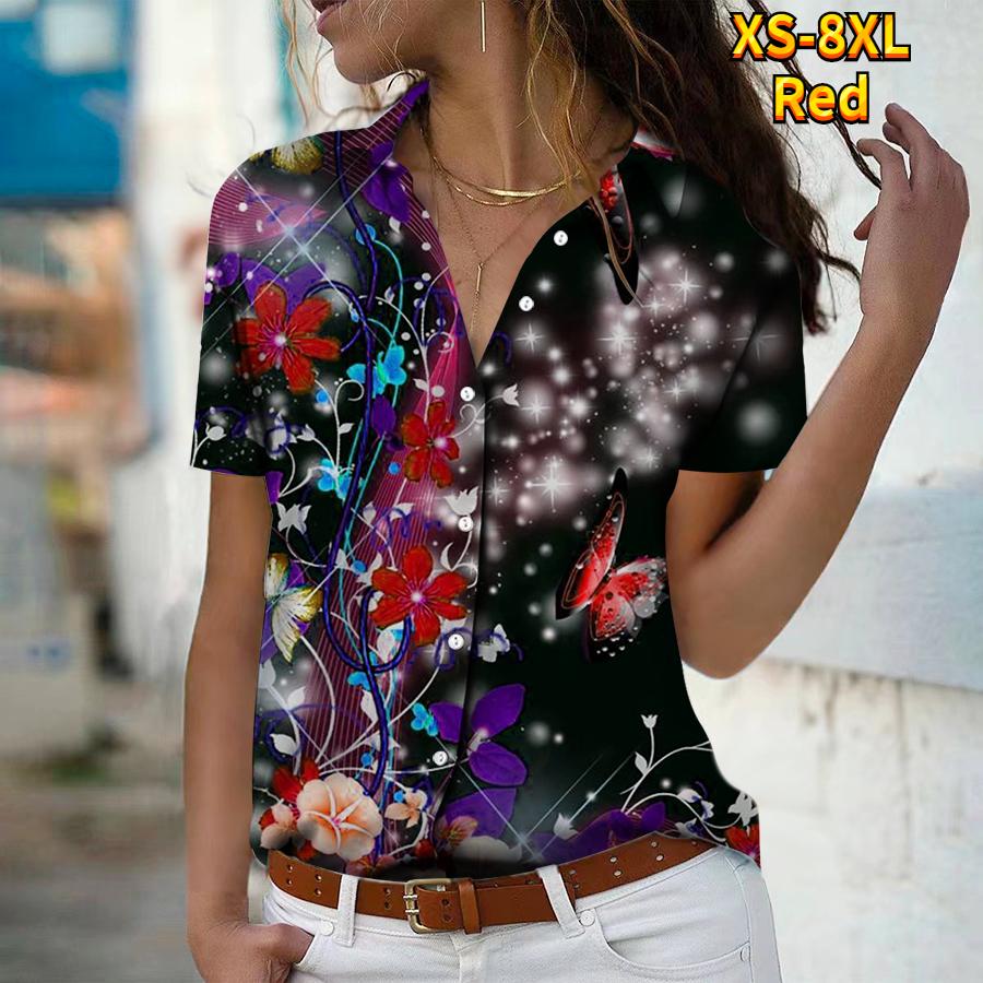 2025 Sommer Ny Mote Dame Blomsterprint Kortermet V-hals Casual Knappedown Skjorte Topp