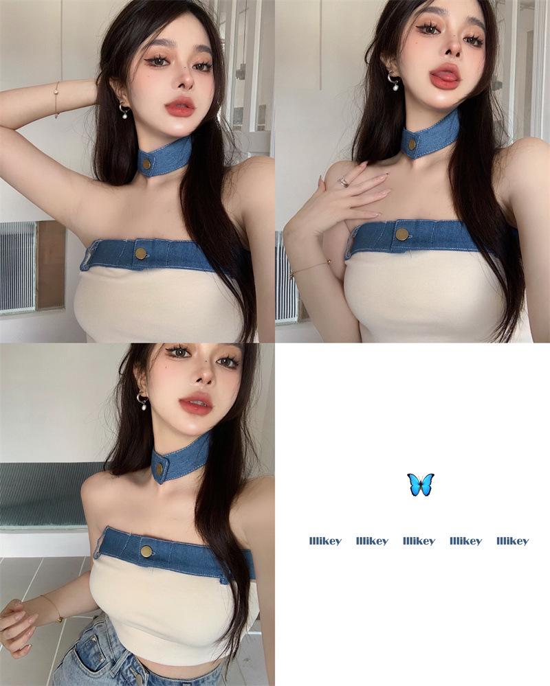 Spicy Girl Patchwork Strapless Denim Crop Top - Sexy, Slim-Fit, One-Shoulder Camisole