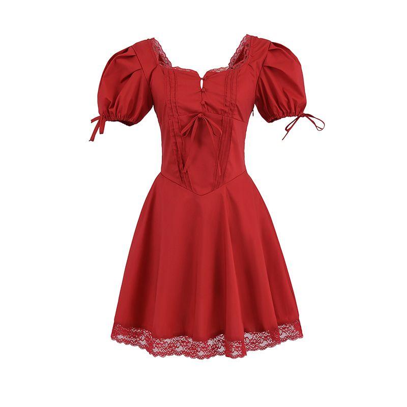 Ballet Hymn Babyboo French Style Sweet Red Square Collar Lace Waist Hugging Slimming Puff Sleeve Dress