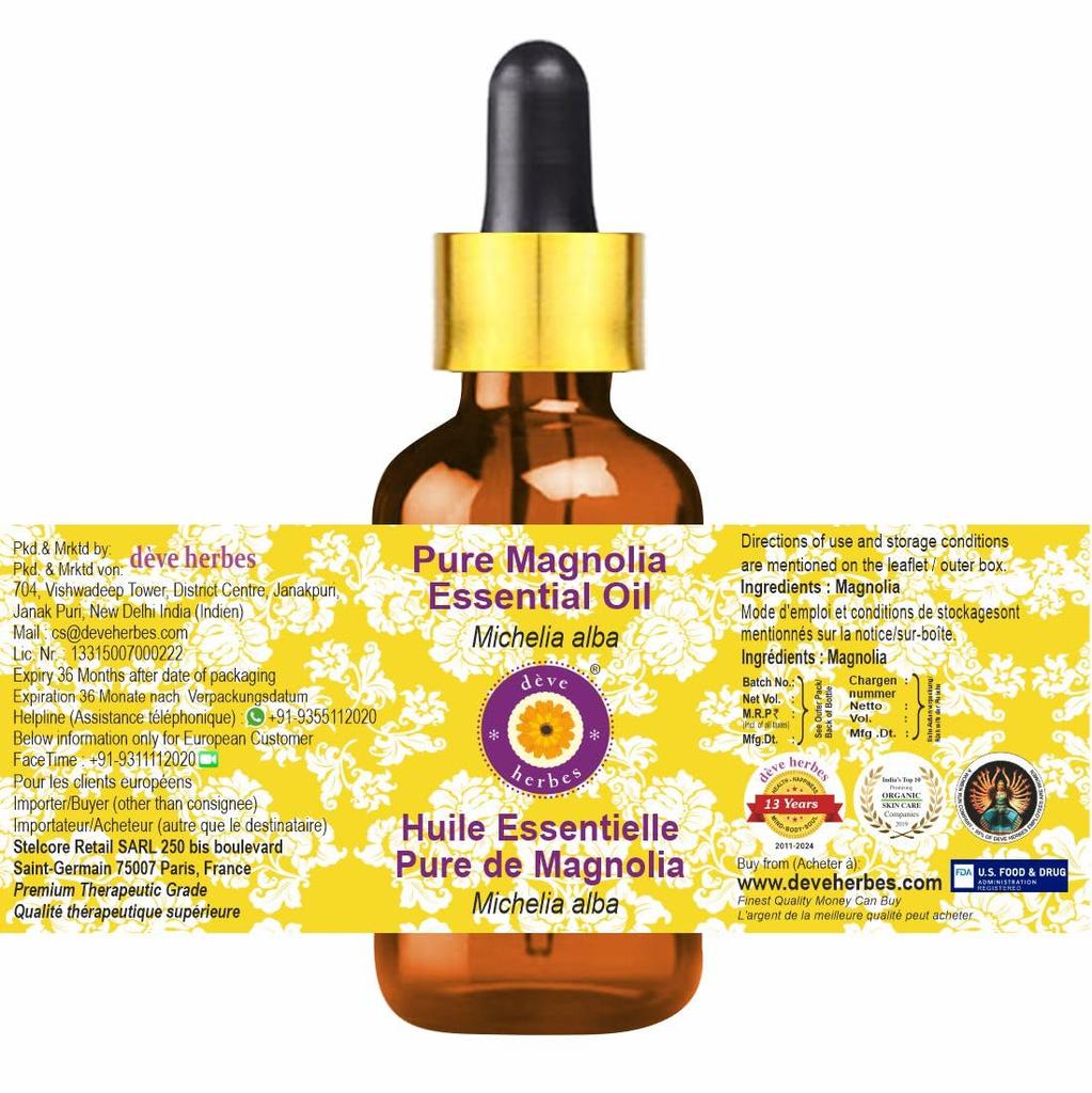 Deve Herbes Magnolia Essential Oil (Michelia alba) with Glass Dropper Pure | Non-Sticky | Non-greasy | Lightweight | Men & Women | All Skin Types
