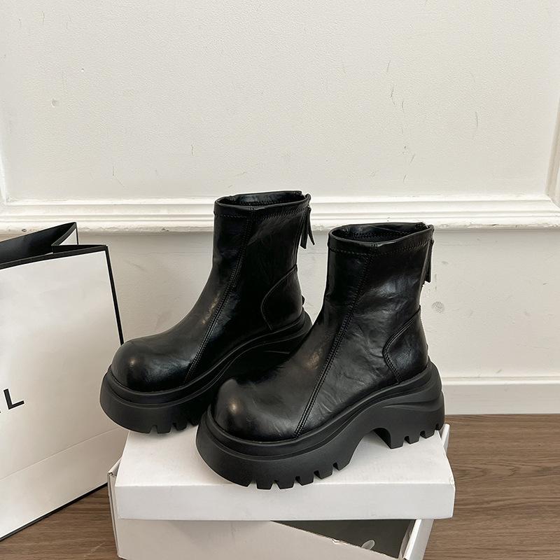 Retro British leather boots thick-soled Martin boots women's autumn and winter fashion versatile and comfortable heightening medium heel short boots