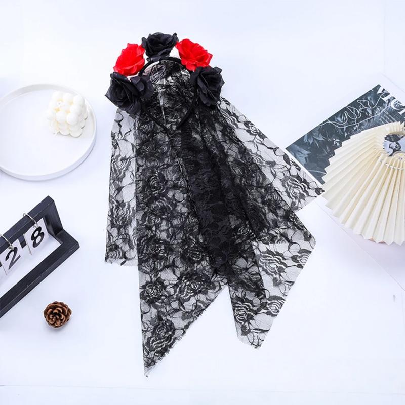 1PC Halloween Simulation Flower Cosplay Prop For Women Girls Headwear Costume Cosplay Rose Headband Lace with Black Veil