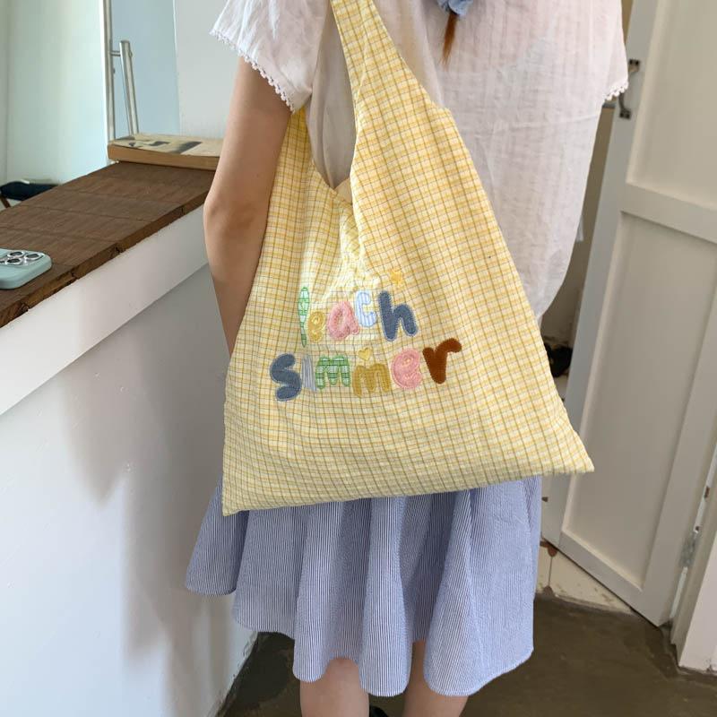 Plaid Canvas Bag Women's Large Capacity 2026 New Summer Versatile Lazy Style E-shoulder Shopping Bag Class Tote Bag