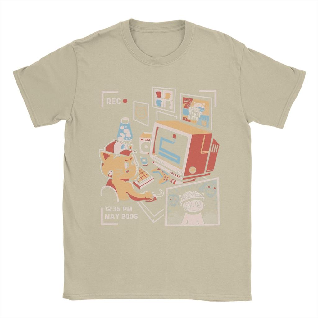 Cat Playing Computer Games T Shirt Men's 100% Cotton Funny T-Shirts Crew Neck Tees Short Sleeve Clothing Plus Size