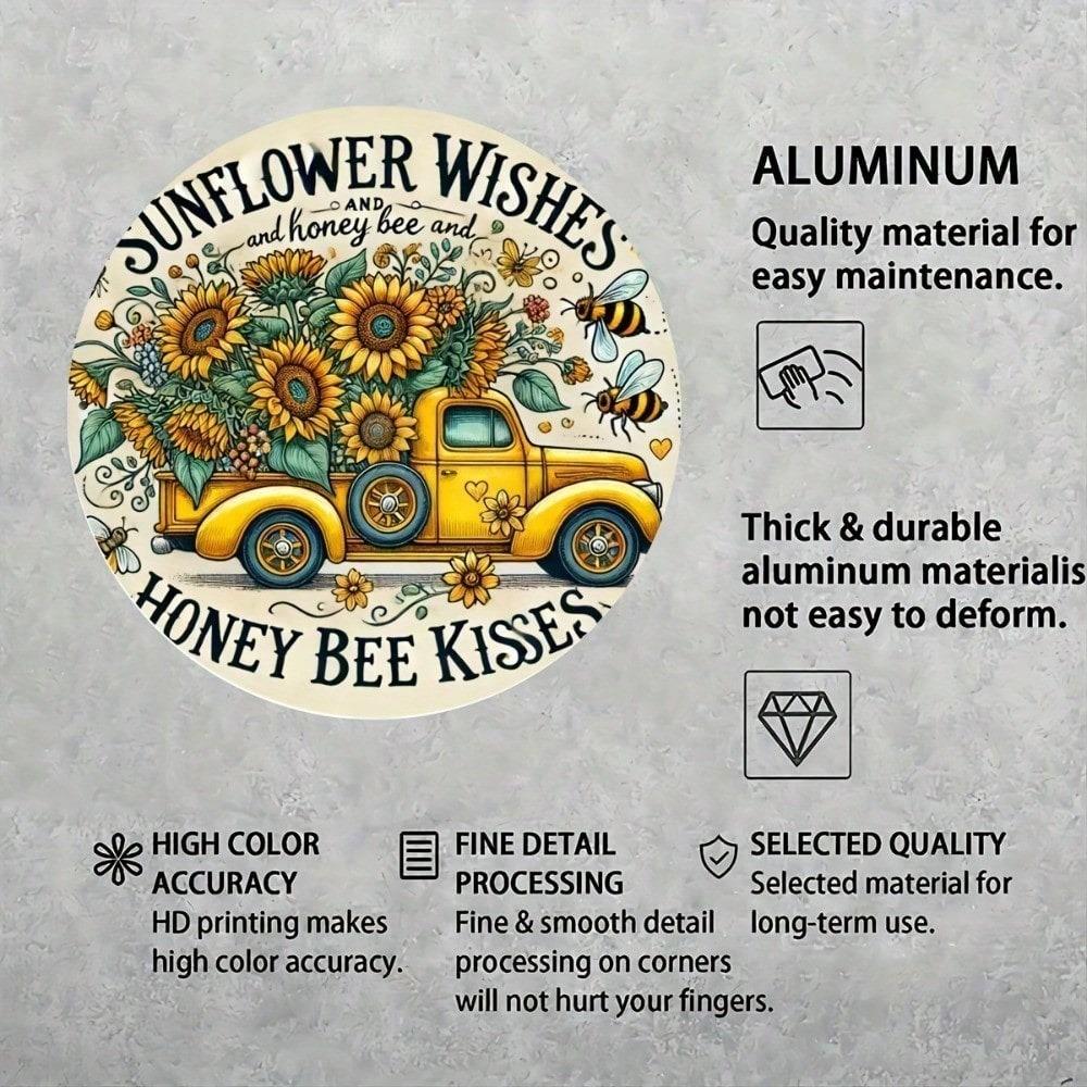 Vintage Sunflower Metal Wall Art Round Bee Home Decor Sign
