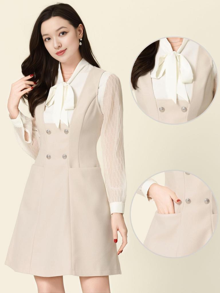 Allegra K Hosenträgerkleid, A-Linie, Zweireihiges Overallkleid, Damen, Beige, Größe XL