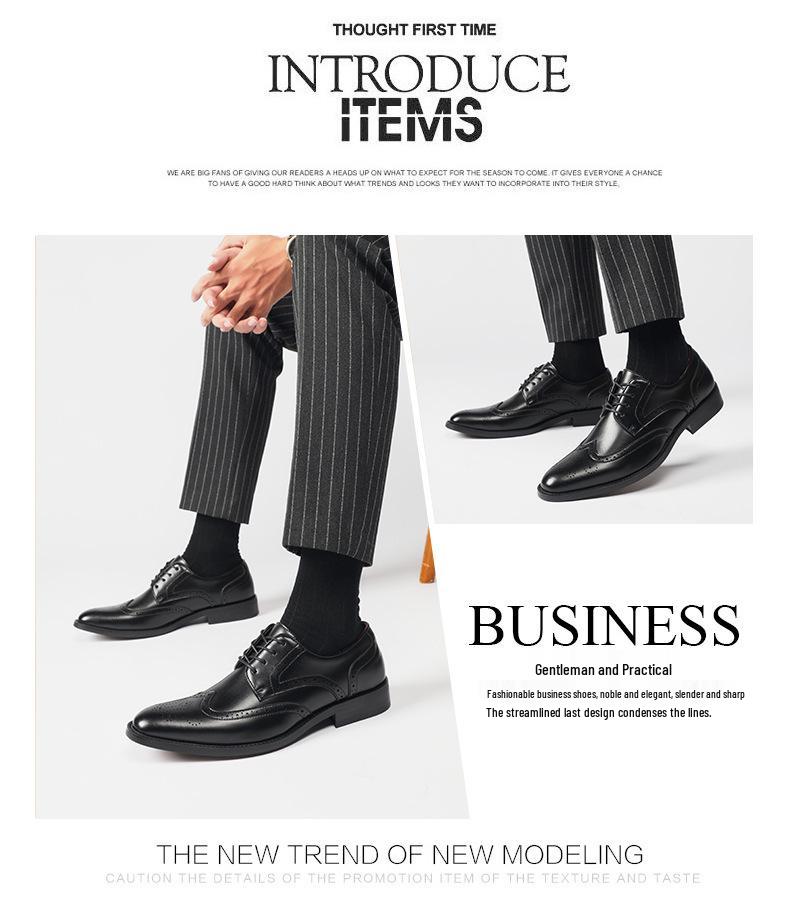 New Men's English Style Hidden Heel Derby Brogue Leather Shoes - Pointed Toe Lace-Up Design for Formal and Casual Wear