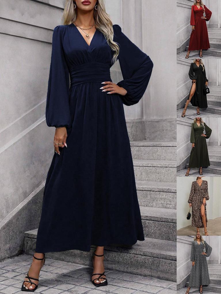 Abito da Donna Autunno/Inverno con Maniche a Lanterna e Spacco Alto in Nero, Blu Navy, Rosso Vino, Verde Militare e Stampa Leopardo