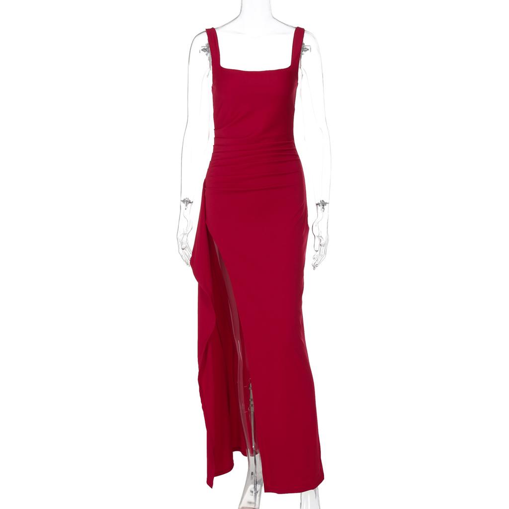 Damen Mode Sexy Rückenfrei Hoher Schlitz Spaghettiträger Langes Abendkleid